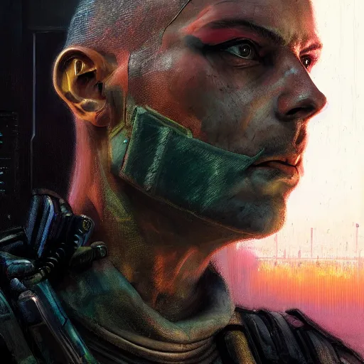 Image similar to cyberpunk, armitage, closeup portrait of an ex soldier, battlescar, artificial eye, brown buzzcut, wired head, dramatic light, city background, sunset, dystopian setting, high contrast, sharp, neuromancer, painted by stanley lau, painted by greg rutkowski, painted by stanley artgerm, digital art, trending on artstation