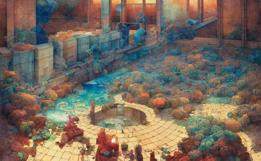 Image similar to tiled room squared waterway, aqueducts, fantasy. intricate, amazing composition, colorful watercolor, by ruan jia, by maxfield parrish, by marc simonetti, by hikari shimoda, by robert hubert, by zhang kechun, illustration, gloomy