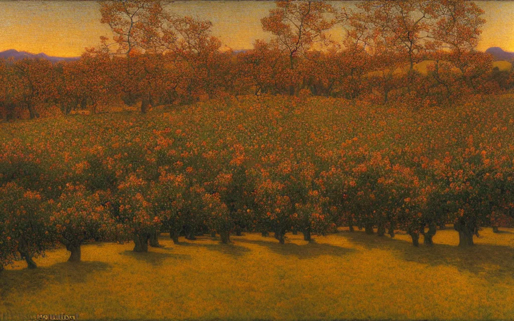 Prompt: a beautiful orchard in full bloom, golden hour, by lovell birge harrison and nicholas roerich and maxfield parrish and jean deville and annie swynnerton, dramatic lighting, distant mountains