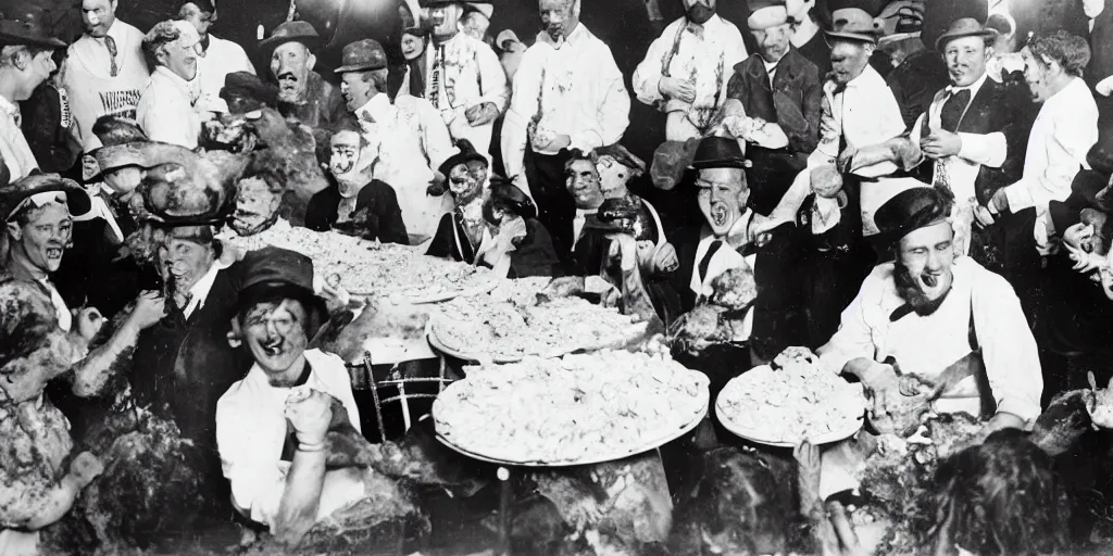 Image similar to black and white photo from the 1 9 2 0's of a pie eating contest with monster contestents making a horrible mess at the county fair