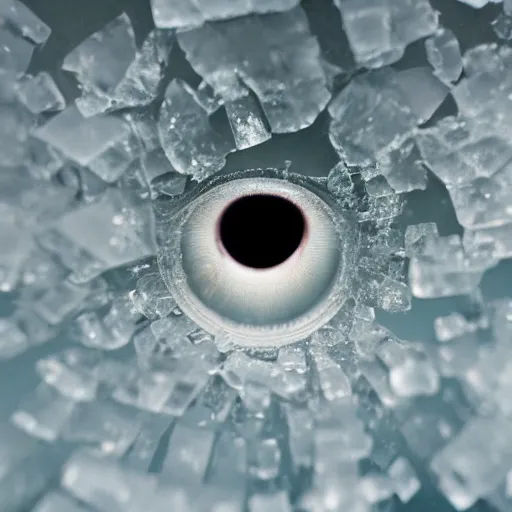 Image similar to An eye gazing through a transparent sheet of frosted ice, XF IQ4, f/1.4, ISO 200, 1/160s, 8K, RAW, unedited, symmetrical balance, in-frame