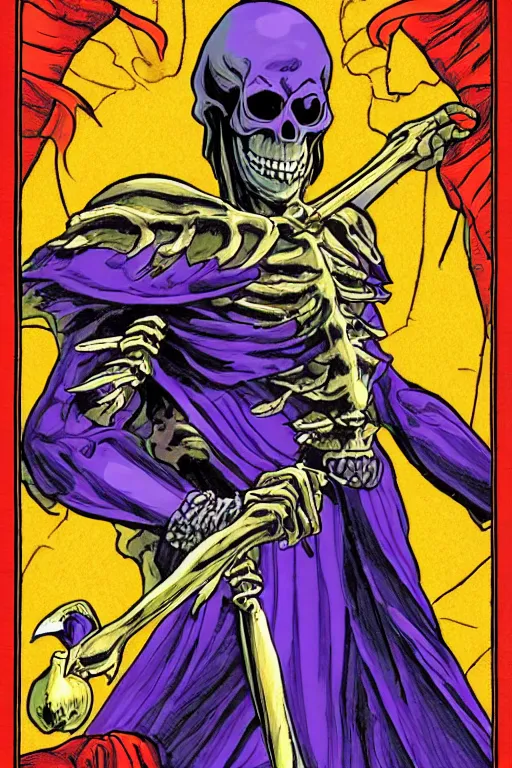 Image similar to skeletor tarot card, illustrated by john dyer baizley