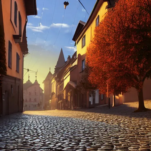 Image similar to a beautiful hyper realistic photo of banska stiavnica in summer, cobblestone pavement, with old houses and few trees in sunset, sky, v - ray, octane render, unreal engine, by greg rutkowski and james gurney, artstation