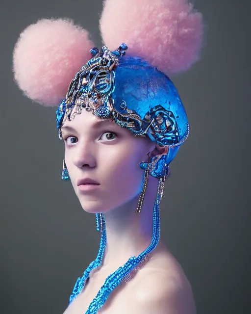 Image similar to natural light, soft focus portrait of an android with soft synthetic pink skin, blue bioluminescent plastics, smooth shiny metal, elaborate ornate head piece, piercings, skin textures, by annie liebovotz,