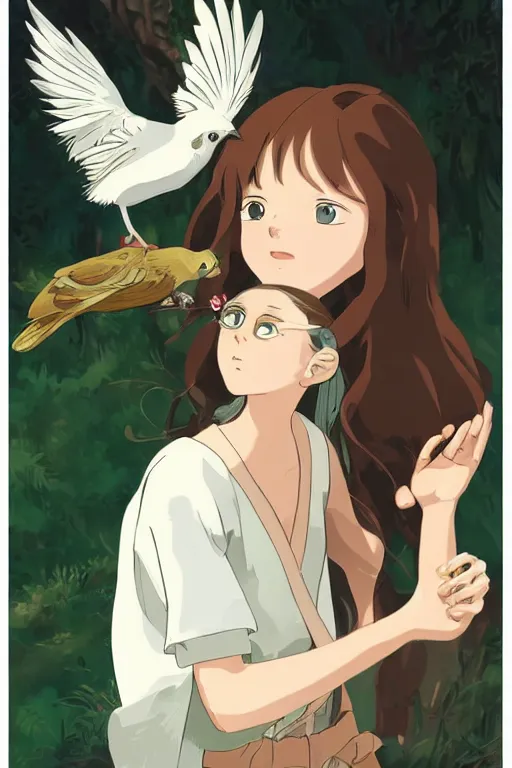 Image similar to young pretty girl holding a bird in her hands, looking touched, Fragile looking character portrait , beautiful scene; highly detailed art, by Studio Ghibli , High contrast, anime art