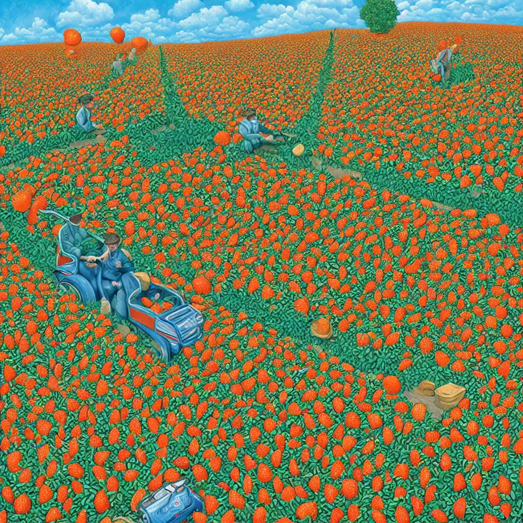 Prompt: a orange strawberry field seen by far in a car riding by, by Rob Gonsalves