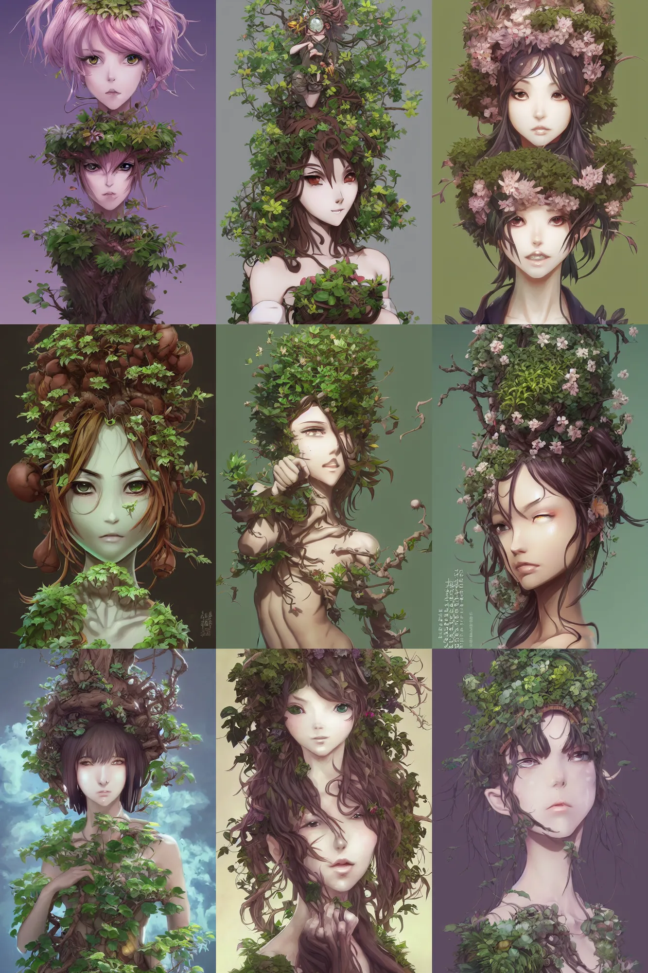 Prompt: character concept art of an anime dryad, plant person, pretty face, bonsai tree on head by hyeyoung kim, stanley artgerm lau, wlop, rossdraws, james jean, andrei riabovitchev, marc simonetti, and sakimichan, tranding on artstation