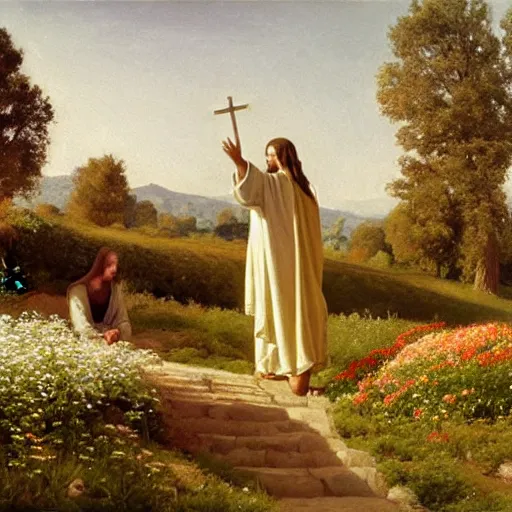 Prompt: A painting depicting the resurrection of Jesus Christ, (Jean Jules Linden), Peter Ilsted, (((flowers)))