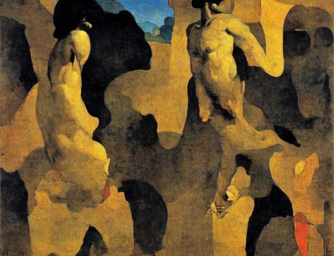 Image similar to a multiracial greek god following a watchful light through the streets of a city, sparse detail, by george luks, joan miro and moebius