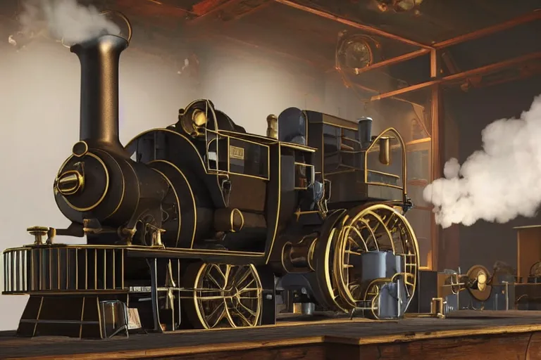 Image similar to still photo of the invention of steam engine, highly detailed, photorealistic shot, bright studio setting, studio lighting, crisp quality and light reflections, unreal engine 5 quality render