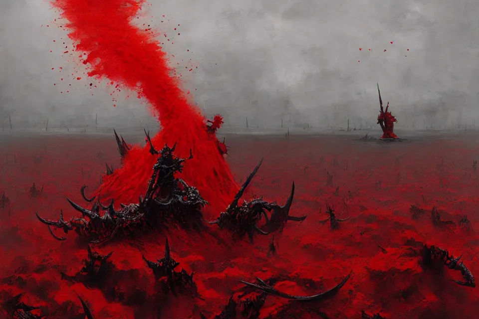 Image similar to the sea of blood and chaos demon, jakub rozalski.