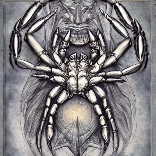 Image similar to detailed and sharp crab god zodiac artwork, mystic style, detailed, 8 k, detailed, symmetrical, by brian froud