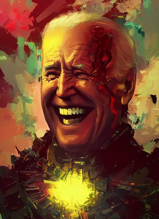 Image similar to Joe Biden grinning all powerful emperor of the world, high contrast, cosmic horror, abstract, masterpiece, trending on ArtStation, by Greg Rutkovski and by Craig Mullins and by David Cronenberg and by Ismail Inceoglu, dark