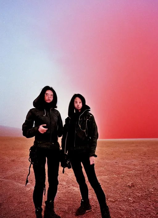 Image similar to cinestill 5 0 d photographic portrait of two loving female androids wearing rugged black techwear on a desolate plain with a red sky, extreme closeup, lizard on ground, cyberpunk style, in front of a brutalist dark metal facility, dust storm, 8 k, hd, high resolution, 3 5 mm, f / 3 2, ultra realistic faces