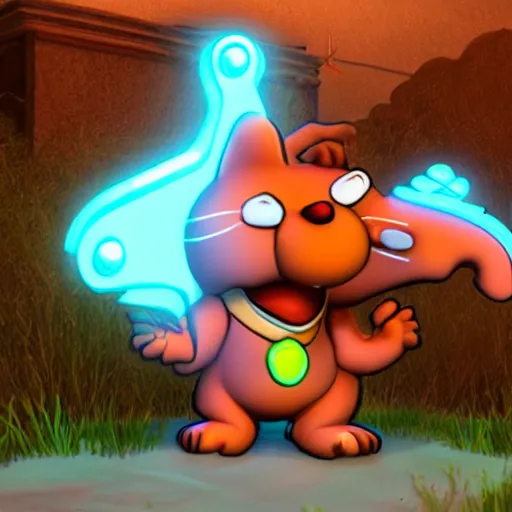 Image similar to neon white video game, garfield as mikey from neon white, screenshot