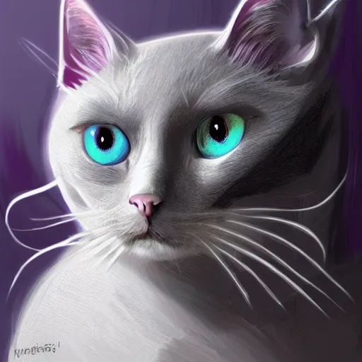 Prompt: a gray cat with completely purple eyes in a palace, digital Painting, ultradetailed, artstation, oil Painting, ultradetailed, artstation