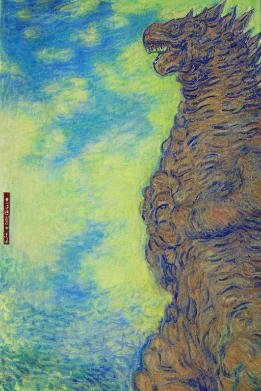 Image similar to portrait of shinzo abe face on Godzilla painting by claude monet