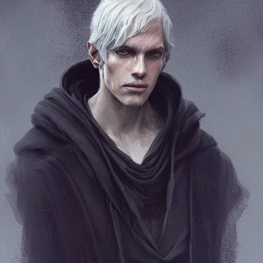 Image similar to portrait of a young man in a black cloak, silver hair, purple eyes, detailed face, highly detailed, cinematic lighting, digital art painting by greg rutkowski.