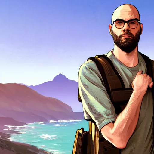 Image similar to Northernlion (Ryan Letourneau) in GTA 5 loading screen, intricate, highly detailed, digital painting, artstation, concept art, sharp focus, illustration, art by greg rutkowski and alphonse mucha