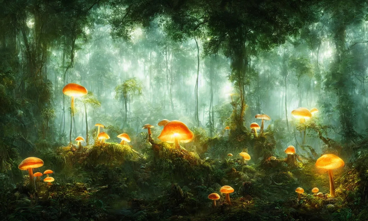 Prompt: glowing mushrooms in the jungle. andreas achenbach, artgerm, mikko lagerstedt, zack snyder, tokujin yoshioka