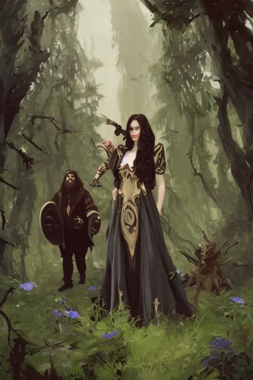 Prompt: hagrid the viking and gothic medieval morticia addams walking in enchanted forest with flowers, greg manchess painting by sargent and leyendecker, fantasy medium shot asymmetrical intricate elegant matte painting illustration hearthstone, by greg rutkowski by greg tocchini by james gilleard