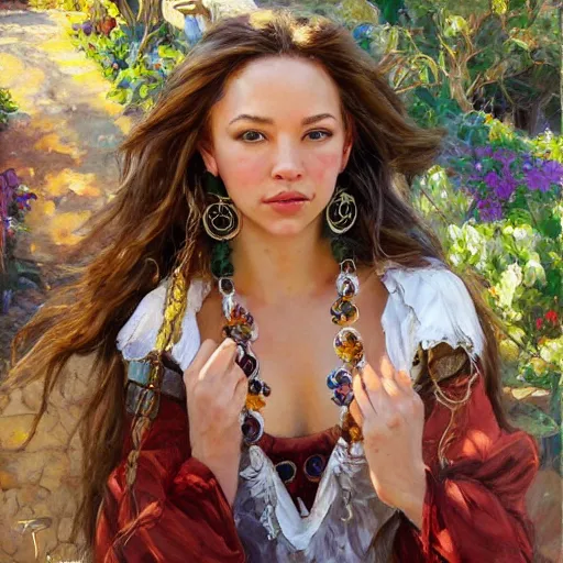 Image similar to sydney sweeney with wooden jewelry, mediterranean features, fantasy character portrait by Michael Garmash, Donato Giancola