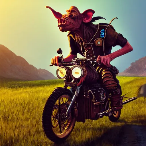 Image similar to a goblin wearing high riding boots riding a steampunk motorcycle on a dirt road in a meadow in mid day, volumetric light, hyperdetailed, artstation, cgsociety, 8k