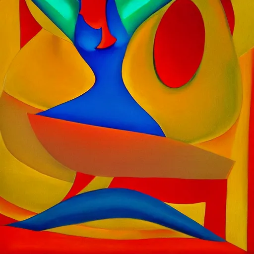 Prompt: woman woman dances by the river at sunset , abstract art in the style of cubism and georgia o’keefe ,
