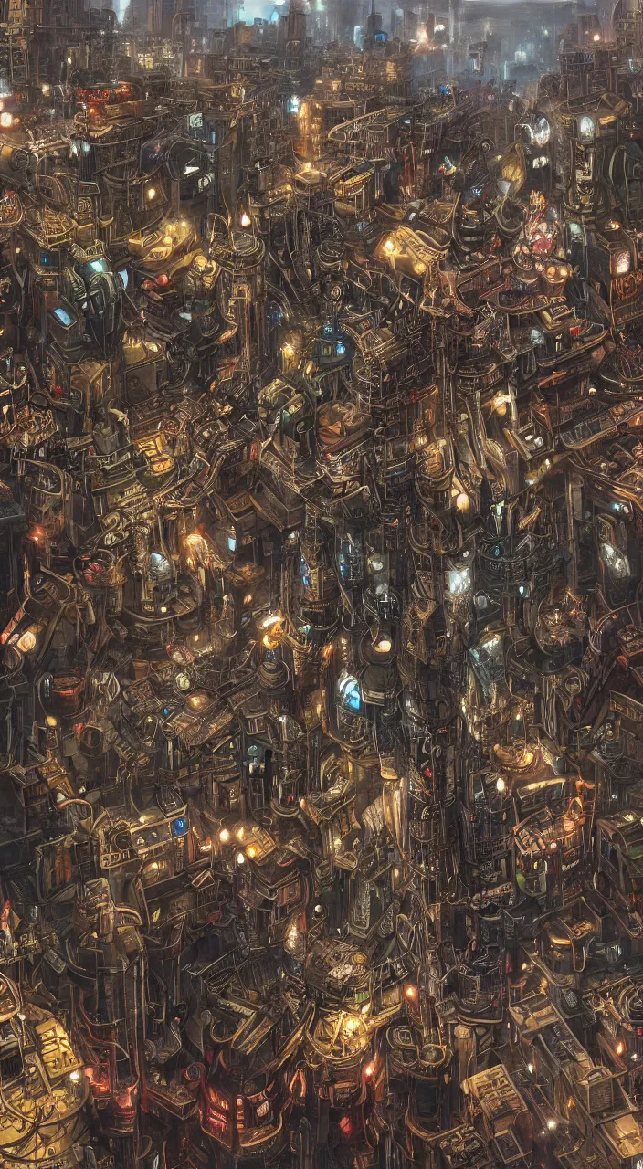 Prompt: hyper detailed painting of a steampunk city intertwining with a cyberpunk city,