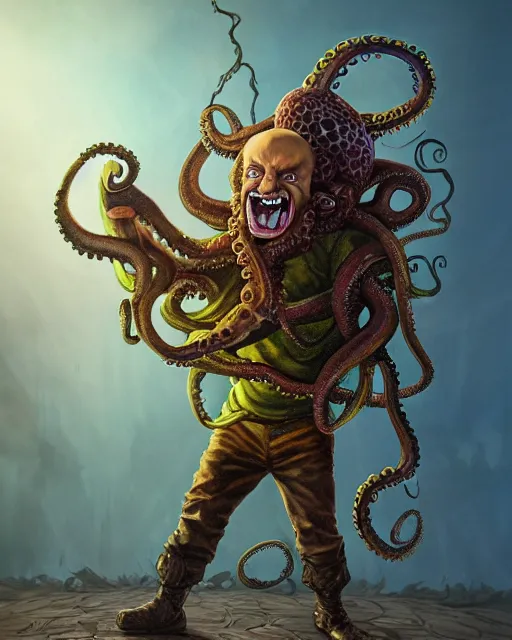 Prompt: An epic fantasy comic book style full body portrait painting of an octopus man, very angry, evil, smirk, brown long hair, wearing a metallica shirt and green shorts, holding an torpedo in his hand, standing on a skateboard, character design by Mark Ryden and Pixar and Hayao Miyazaki, unreal 5, DAZ, hyperrealistic, octane render, cosplay, RPG portrait, dynamic lighting, intricate detail, summer vibrancy, cinematic