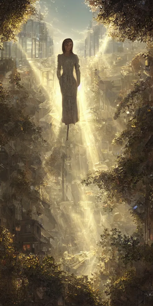 Prompt: portrait of a victorian lady in a futuristic city, from behind, streets, angels in the sky, sunlight and rays of light shining through trees, tall buildings on the sides, beautiful, solarpunk!!!, highly detailed, digital painting