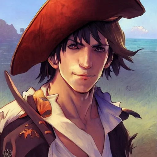 Image similar to Young pirate wearing a straw hat, a scar in the shape of an X on his chest, who wants to be the pirate king and can stretch his body as a rubber, anime style, cartoon, manga, pencil, art by artgerm and greg rutkowski and alphonse mucha