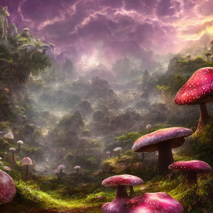 Image similar to incredibly detailed fantasy landscape of a valley with gigantic mushrooms and lichen, god rays, bokeh, raining, pink and blue color scheme, trending on artstation, 8k