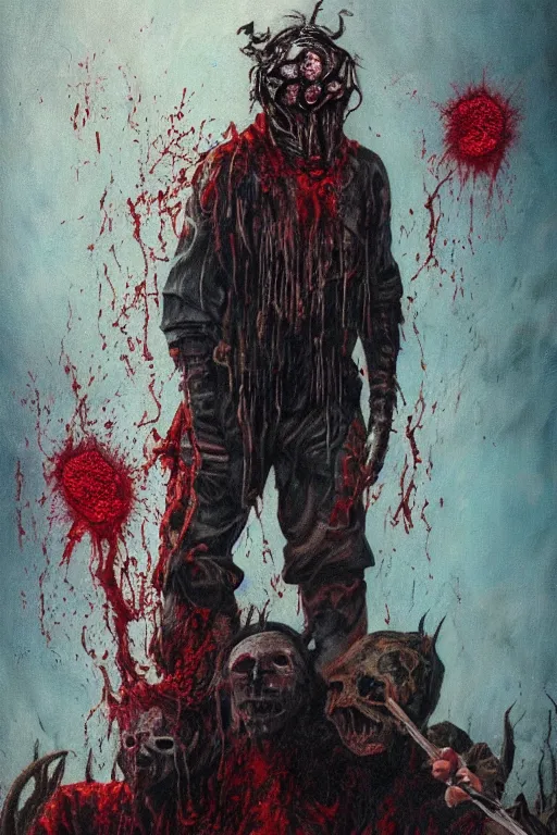 Image similar to a full body high detail fantasy portrait oil painting illustration of slipknot band in a lake of blood by justin sweet with face and body clearly visible, insane, realistic proportions, d & d, rpg, forgotten realms, artstation trending, high quality, sombre mood, artstation trending, muted colours, entire person visible!