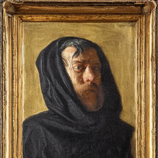 Image similar to a man wearing long dark shadowy cloak, covered in golden chains, oil painting, high detail