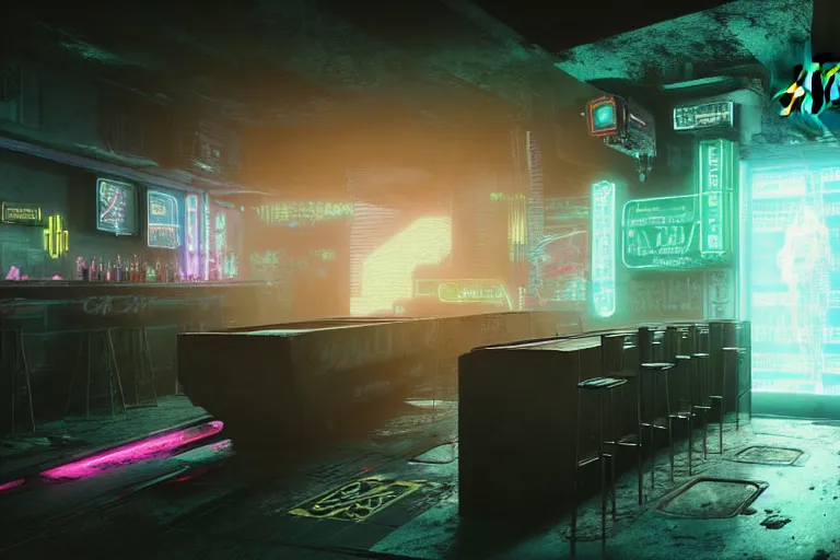 Prompt: photo environment cyberpunk bar : 4, 4 k rtx hdr volume light concept studio matte painting environment digital illustration style cyberpunk 2 0 7 7 artstation, by artur tarnowski, by mihai muscan, by marcin tomalak, marta leydy, marcin stepien, charlotte hughes, zuzanna dabrowa, neon bioluminiscence