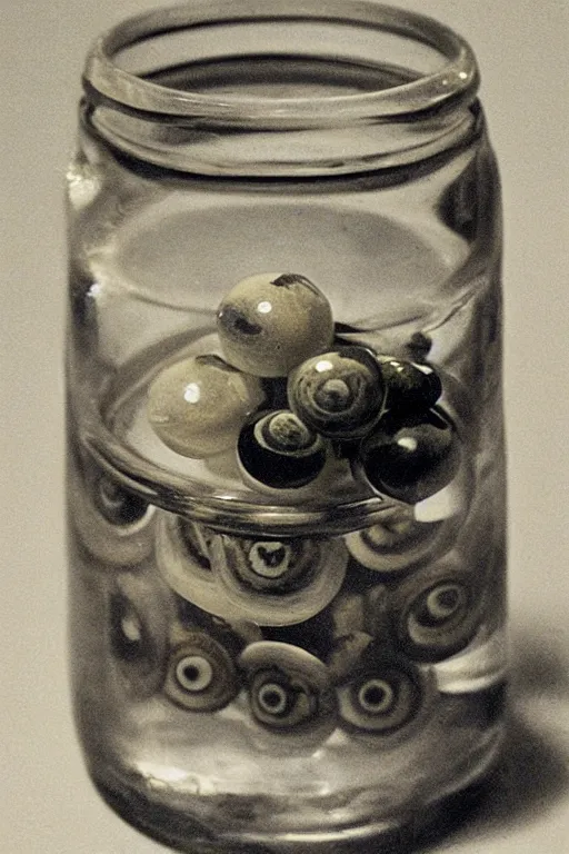Prompt: a glass jar of eyeballs, 1 9 2 0 s style, 3 d, highly detailed