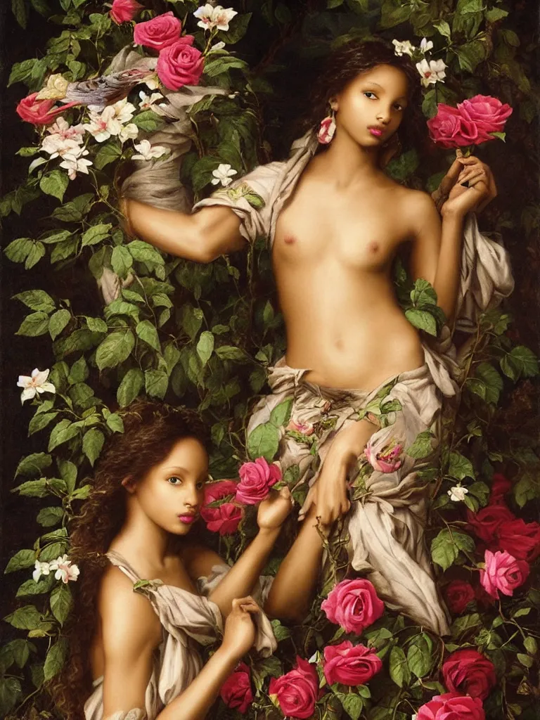 Image similar to jasmine tookes the goddess of love : : background of roses, myrtle, doves : : rococo, academicism