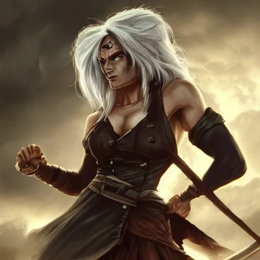 Image similar to a strong pirate woman in a sleeveless vest, angry, black lines running up her arms like veins, fighting, holding an axe of shadows, storm clouds in the background, long dark hair, character art, full body art, Dungeons and Dragons, D&D, trending on artstation, artgerm, 4k ultra hd, sharp focus, digital art by Ilya Kuvshinov and Ross Tran,