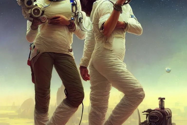 Image similar to Exhausted good looking pale young Indian doctors wearing jeans in a space station above Earth performing surgery, portrait, elegant, intricate, retrofuturistic digital painting, artstation, concept art, smooth, sharp focus, illustration, art by artgerm and greg rutkowski and alphonse mucha