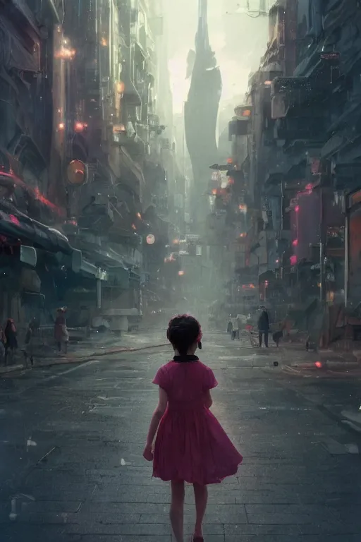 Image similar to a portrait of a small person wearing a cute dress in the middle foreground walking in the street of a sci-fi city by Greg Rutkowski, Sung Choi, Mitchell Mohrhauser, Maciej Kuciara, Johnson Ting, Maxim Verehin, Peter Konig, final fantasy , mythical, 8k photorealistic, cinematic lighting, HD, high details, atmospheric,