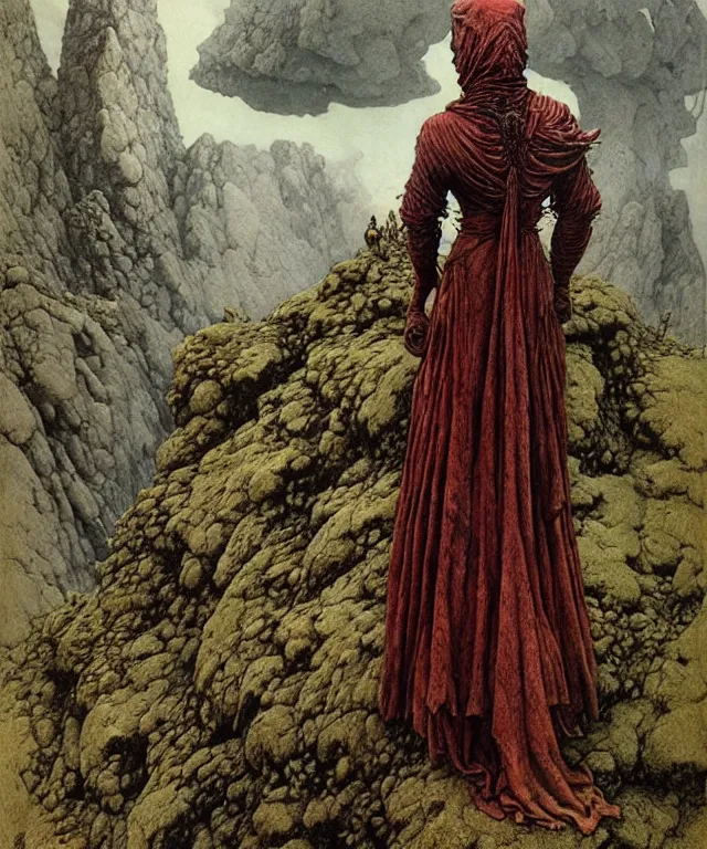 Prompt: A detailed semisnake-semiwoman stands among the hills. Wearing a ripped mantle, robe. Extremely high details, realistic, fantasy art, solo, masterpiece, art by Zdzisław Beksiński, Arthur Rackham, Dariusz Zawadzki