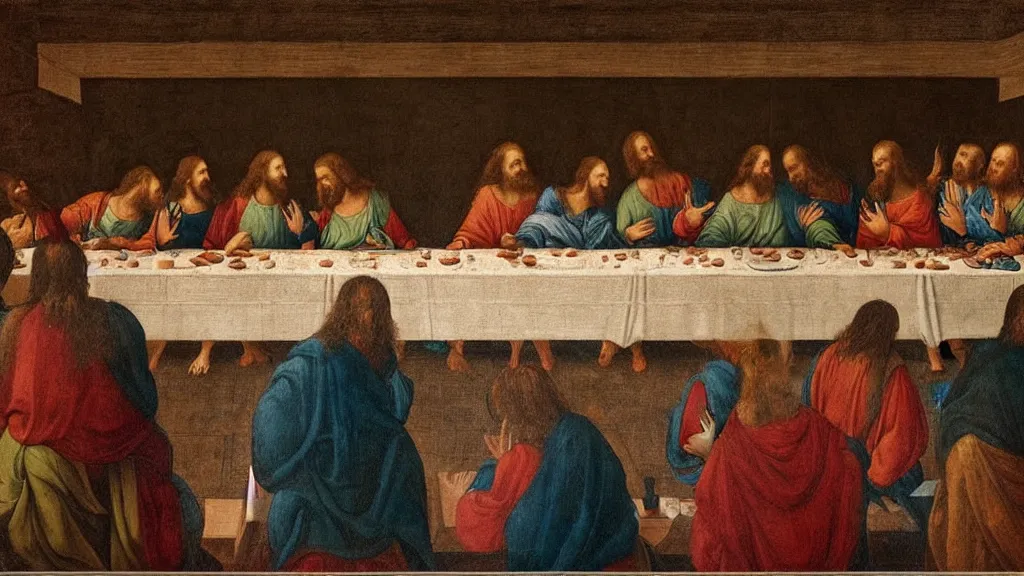 Prompt: Boris!!! Johnson!!! in the ((last supper)) by Leonardo, there is a party in the background and face masks on the table