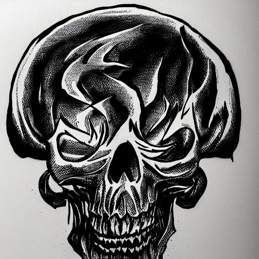 Prompt: burning skull outline, black ink on white paper
