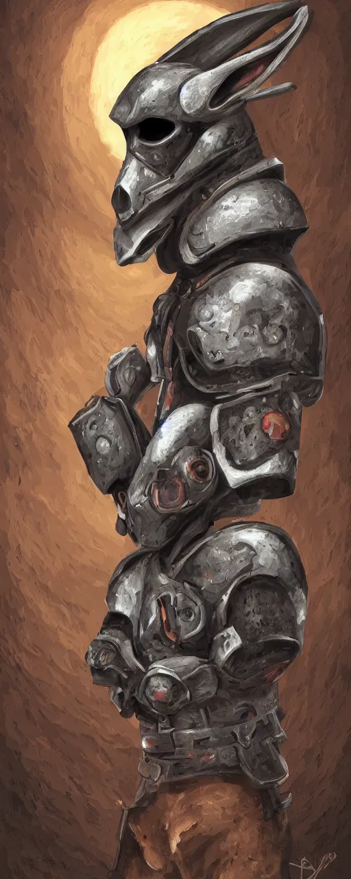 Prompt: rabbit with skull head with cyber armor in an old rusty town, digital painting