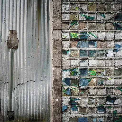 Image similar to Taiwan holiday alley, roller shutter doors, some residential doors and plants, concrete stones brickwork tiles, road, metal Taiwanese architecture doors rust a bit of mould stripped paint and discoloured old concrete walls with cracks some moss cinematic nature plants split lighting shallow depth of field 40mm lens