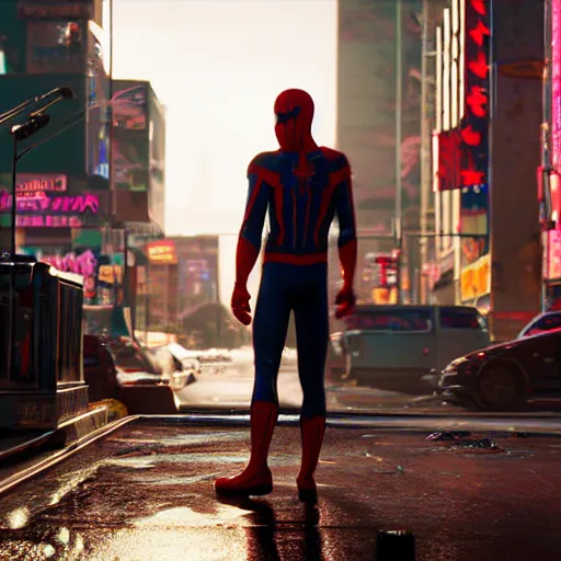 Image similar to a film portrait still of spider - man from a gritty cyberpunk 2 0 7 7. realism, cinematic lighting, highly detailed spider - man, 4 k. 8 mm. grainy. panavision.