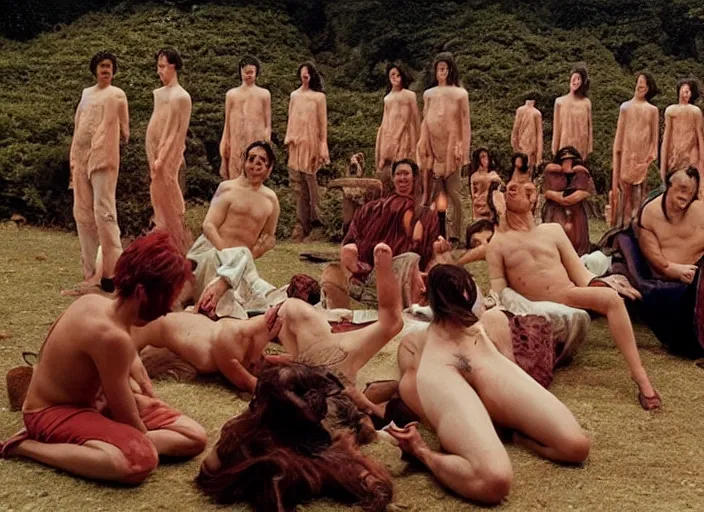 Image similar to 3 5 mm still from art house film by alejandro jodorowsky, wong kar - wai and wes anderson : : sensual scene in a picturesque outdoors setting : : fire, painted horse, high priestesses, smoke, debauchery, birds : : close - up of the actors'faces : : technicolor, 8 k