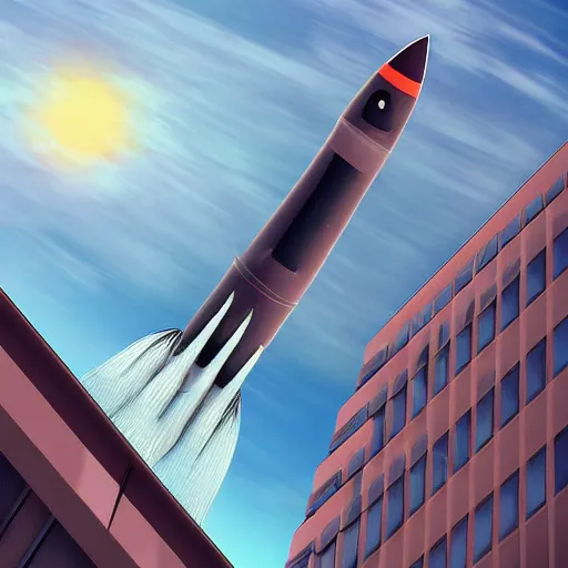 Prompt: a rocket landing on top of the building. high quality. digital art.