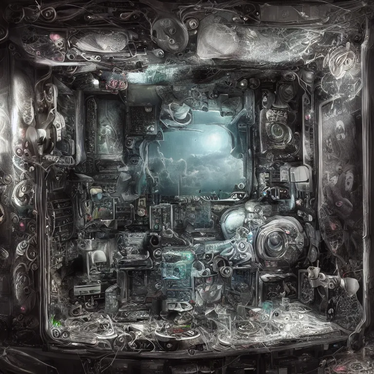 Image similar to the inside of a computer by mahmoud farshchian, mia brownell, very detailed, maximalism, ambient occlusion, volumetric light, atmospheric haze, hyper realism, realistic shading, cinematic composition, realistic render, photorealistic, wide shot